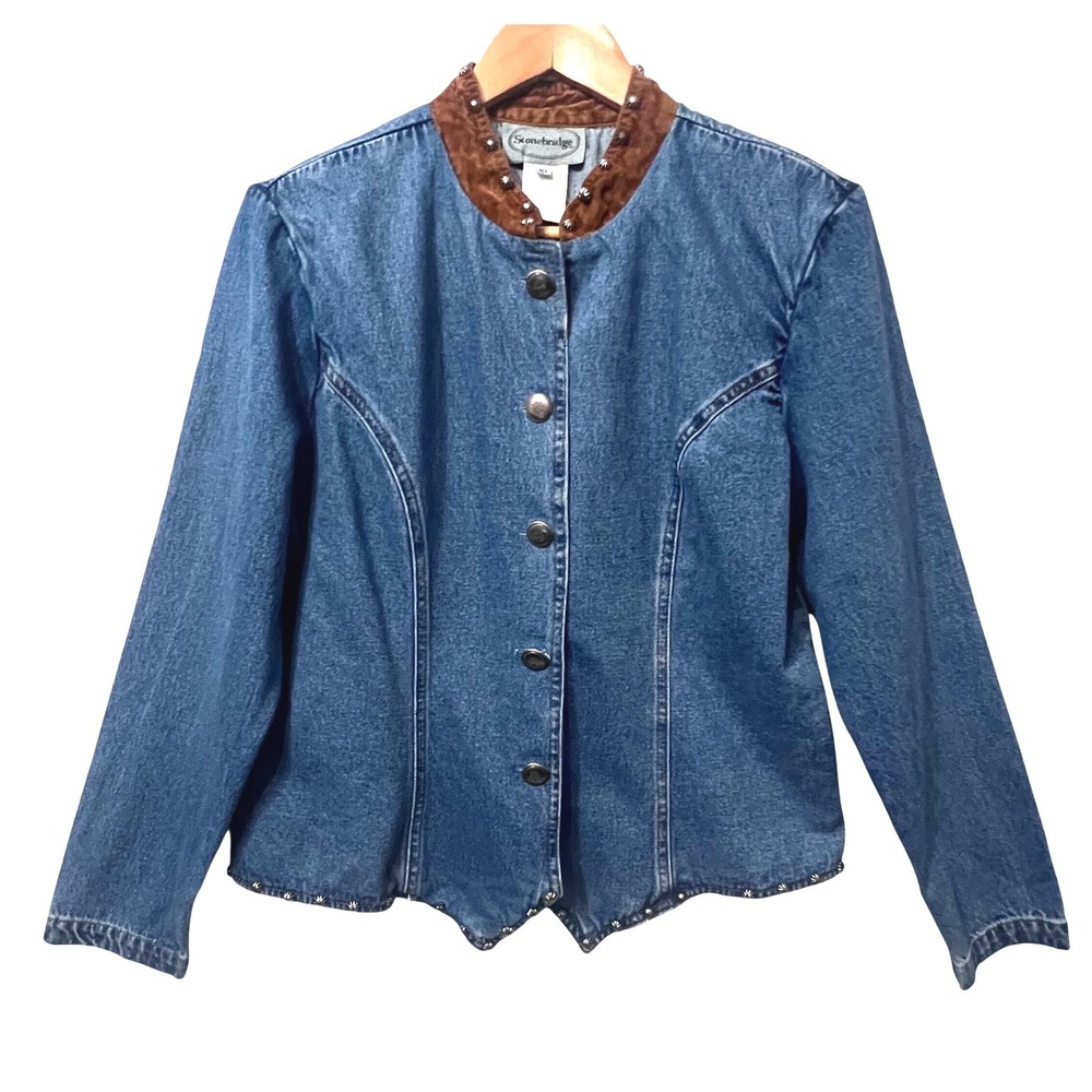 Stonebridge Vintage Denim Jacket Womens 10 Blue Studded Velour Western Cowgirl